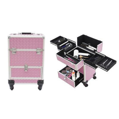 Professional Makeup Trolley, Rolling Makeup Case Rolling Nail Case with Lock, 4in1 Cosmetic Trolley Organizer for Hairstylist Artist, Nail Salon, Beauty Store(Pink)