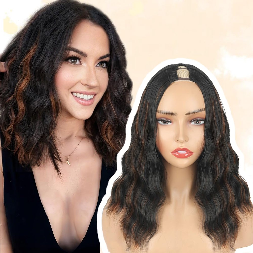 KRSI Highlight Brown Bob V Part Wigs Short Half Bob Wig for Black Women 16inch Synthetic U Part Wigs Thin Leave Out Full Head Clip in Hair Replacement