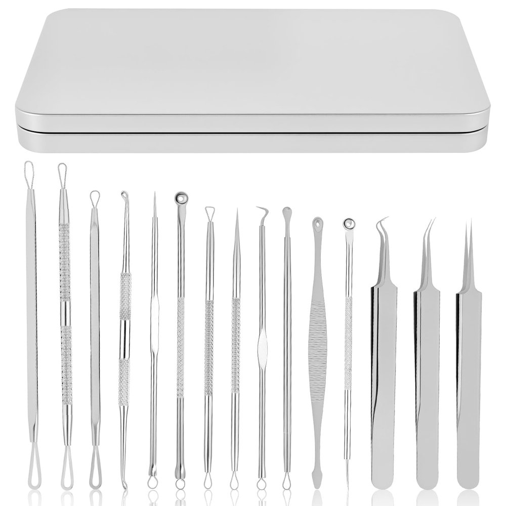 15Pcs Pimple Popper Tool Kit, Stainless Steel Blackhead Remover Kit with Anti Slip Handle, Pimple Extractor Tool for Blackheads, Blemish, Comdone, Acne, Zit, and Whiteheads