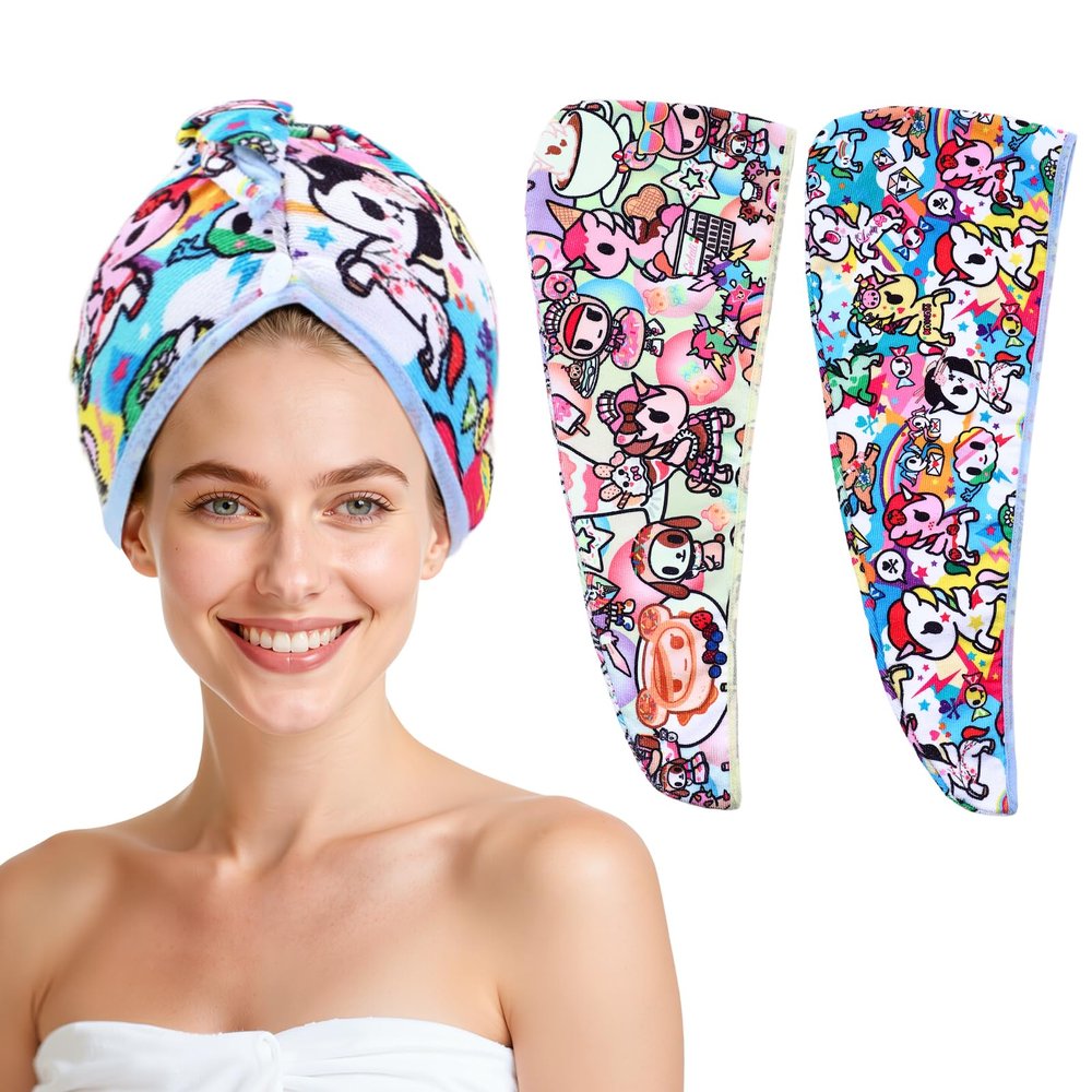 Tokidoki 2 Pack Unicorno Microfiber Hair Towel, 23.6"X10" Cartoon Hair Towel Wrap for Women, Super Absorbent Soft Hair Drying Towel for Curly Hair Long Hair