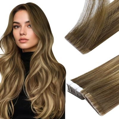 Full Shine Injected Tape in Hair Extensions Human Hair, 4/24/4 Natural Brown to Caramel Brown and Natural Brown Ombre, 18 Inch, 50G, 20 Pcs, Comfortable Wear, Modern Feminine, Length Adding