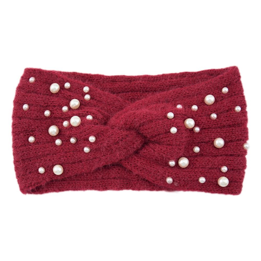 1 PCS Pearl Knitted Women Headbands,4.7 x 8.7 inch Elastic Soft Fabric Non-Slip Fashion Hair Bands for Daily Workout Yoga Gym Makeup(Red)