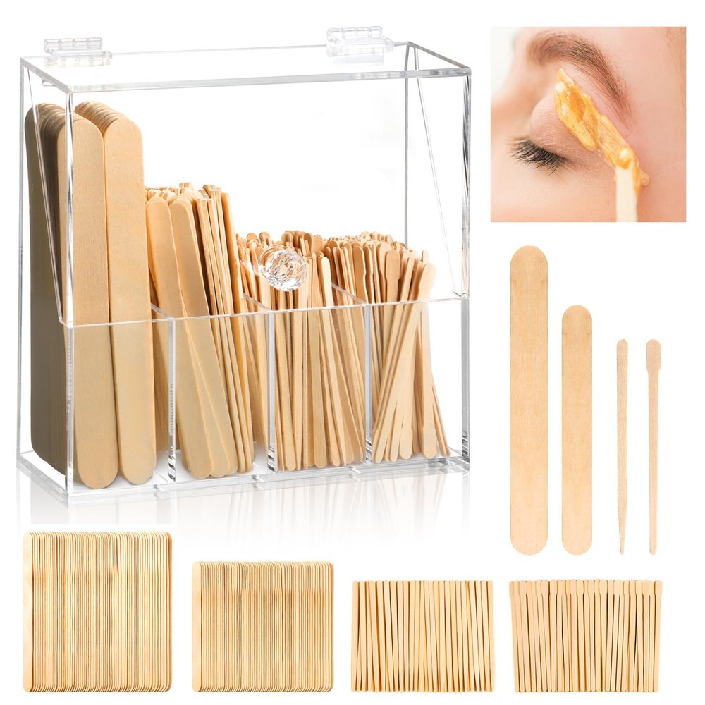 300 Pcs Wood Wax Applicator Kit 4 Style Wax Applicator Sticks with 4 Compartments Waxing Sticks Organizer Small Medium Large Waxing Applicators Waxing Sticks Assorted for Body Legs Face Nose Eyebrows