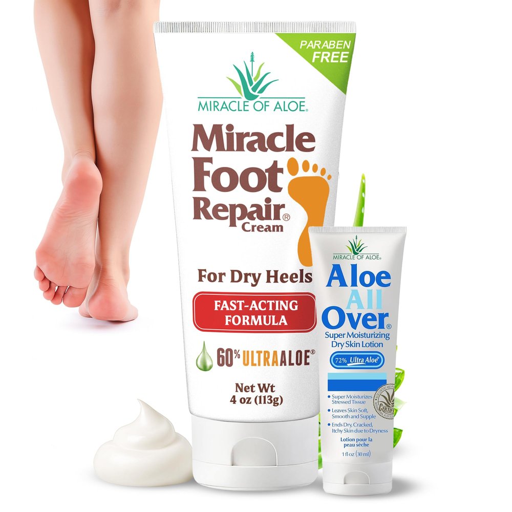 Aloe Vera Lotion & Foot Cream Combo Aloe All Over 1 oz + Foot Repair 4 oz Soothing Aloe Lotion for Dry Skin, Hands, Heels & Body Diabetic-Safe Foot Cream for Cracked Feet