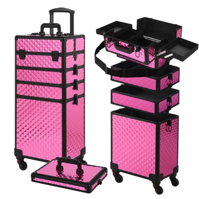 5 in 1 Aluminum Trolley Case with 360 Rotation Wheels with Lock and Key Diamond Pattern Make Up Organizer-Rose Red