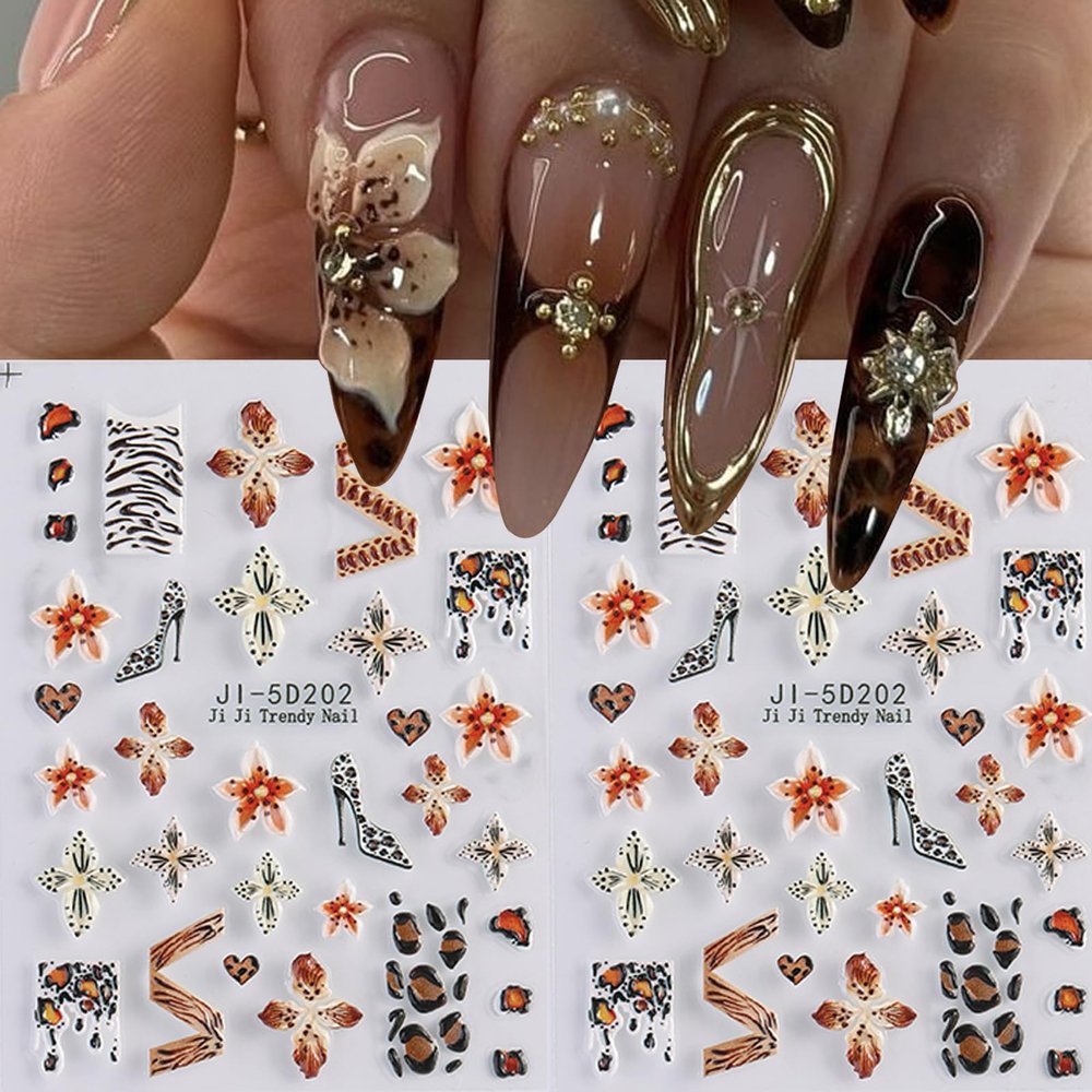 2sheets Brown Nail Stickers Flower Leopard Print French Nail Decals 5D Self-Adhesive Nail Design Stickers for Acrylic Artificial Nails for Women Summer Manicure Decoration Supplies