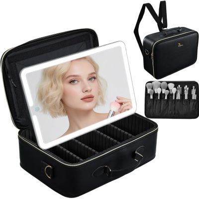 Faquenc Large Makeup Bag with LED Mirror,Travel Cosmetic Train Case for Makeup Artists,Makeup Organizer Case with Divider Rechargeable Vanity Mirror with 3 Color Lights for Barber,MUA,Nail Tech, Black