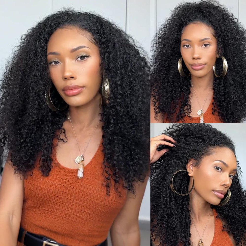 Afro Kinky Curly Half Wig Human Hair 24 Inch 200% Density Glueless Wear And Go Flip Over Kinky-Curly Half Wigs for Black Women Headband Human Hair Wig with Drawstring
