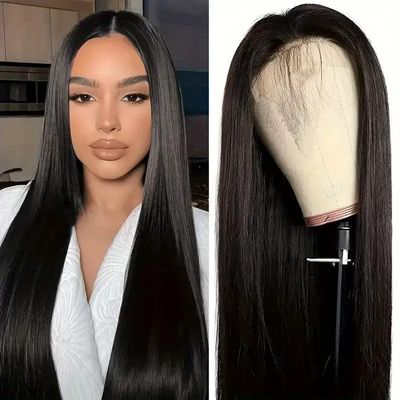 100% Human Hair, Pre-Cut 28 inch Glueless Lace Front Wig, Natural Black Straight Wig Human Hair 6x4 HD Lace Frontal Wigs for Women (22 inch)