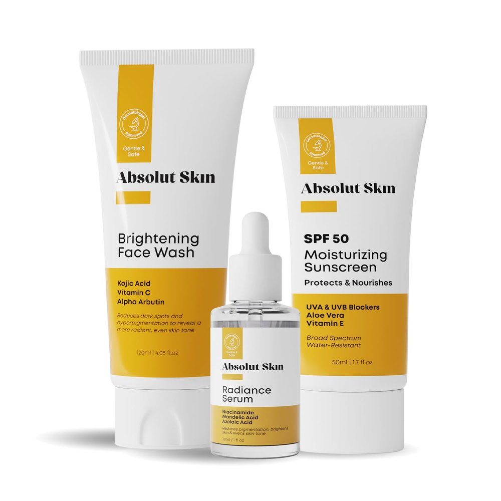 AbsolutSkin Beginner Bundle  3-Step Brightening Skincare Set for Dull Skin  Includes Face Wash, Radiance Serum & SPF50 Cream  Dermatologist-Formulated