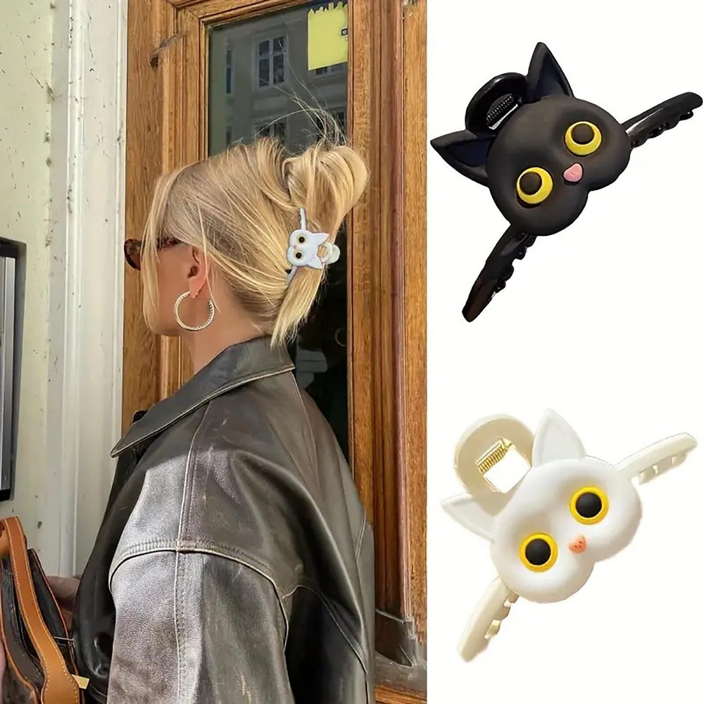 2-piece set of cartoon cat hair clips, women's black and white design hair clips, fashionable and cute clips, fashionable hair accessories, girls' gifts