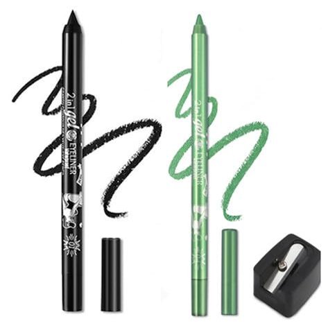 Colored Gel Glitter Eyeliner Pencils Pen Set, 2 Pcs Eyeliner Waterproof Lip Liner Eye Shadows Eyebrow Pencils Pen Eye Makeup (01 Black &08 Green)