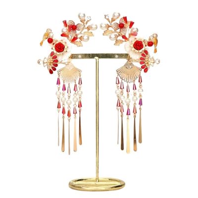 2 Pcs Chinese Tiara Red Flower Pearl Hand Fan Tassel Hair Barrettes for Bridal Headpiece Wedding Accessories Jew