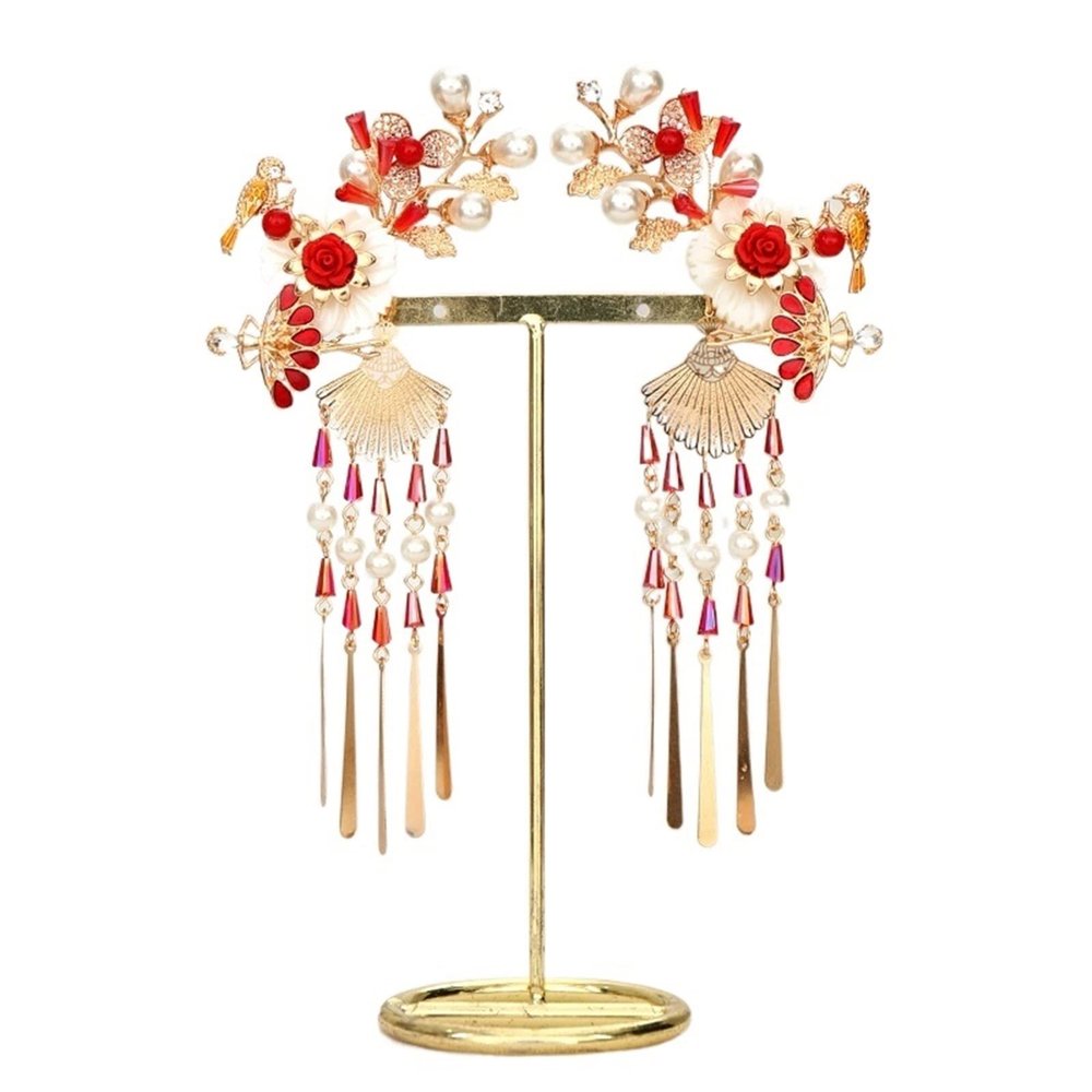 2 Pcs Chinese Tiara Red Flower Pearl Hand Fan Tassel Hair Barrettes for Bridal Headpiece Wedding Accessories Jew