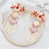 2 Pcs Chinese Tiara Red Flower Pearl Hand Fan Tassel Hair Barrettes for Bridal Headpiece Wedding Accessories Jew view 2