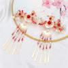 2 Pcs Chinese Tiara Red Flower Pearl Hand Fan Tassel Hair Barrettes for Bridal Headpiece Wedding Accessories Jew view 3