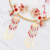 2 Pcs Chinese Tiara Red Flower Pearl Hand Fan Tassel Hair Barrettes for Bridal Headpiece Wedding Accessories Jew view 4
