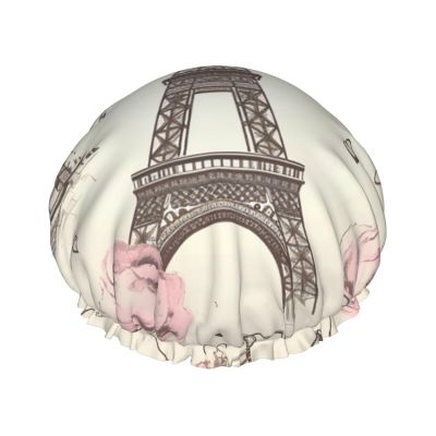 The Eiffel Tower and a Bicycle Shower Cap for Women Men Large Reusable Shower Bonnet Double-Layer Waterproof Bath Caps Elastic Band Hair Hat for All Hairstyles, Travel-Friendly
