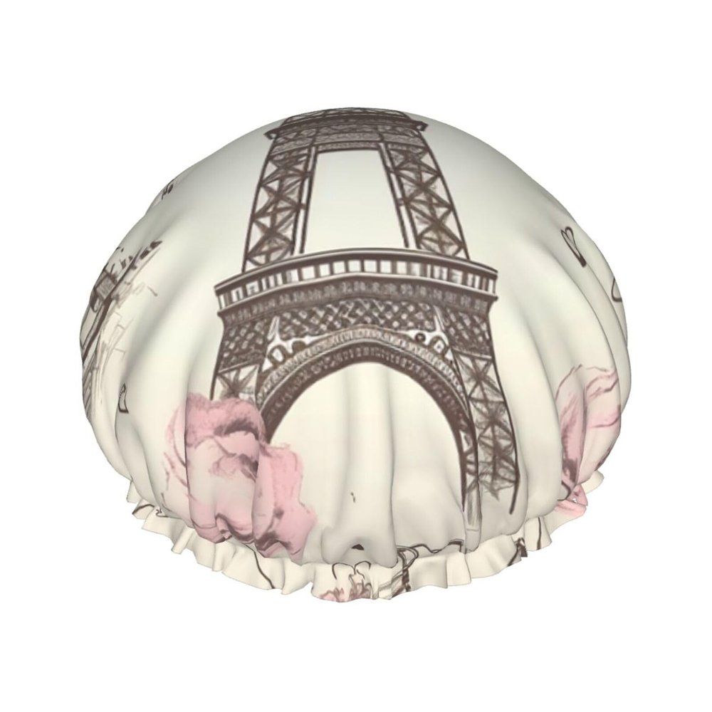The Eiffel Tower and a Bicycle Shower Cap for Women Men Large Reusable Shower Bonnet Double-Layer Waterproof Bath Caps Elastic Band Hair Hat for All Hairstyles, Travel-Friendly