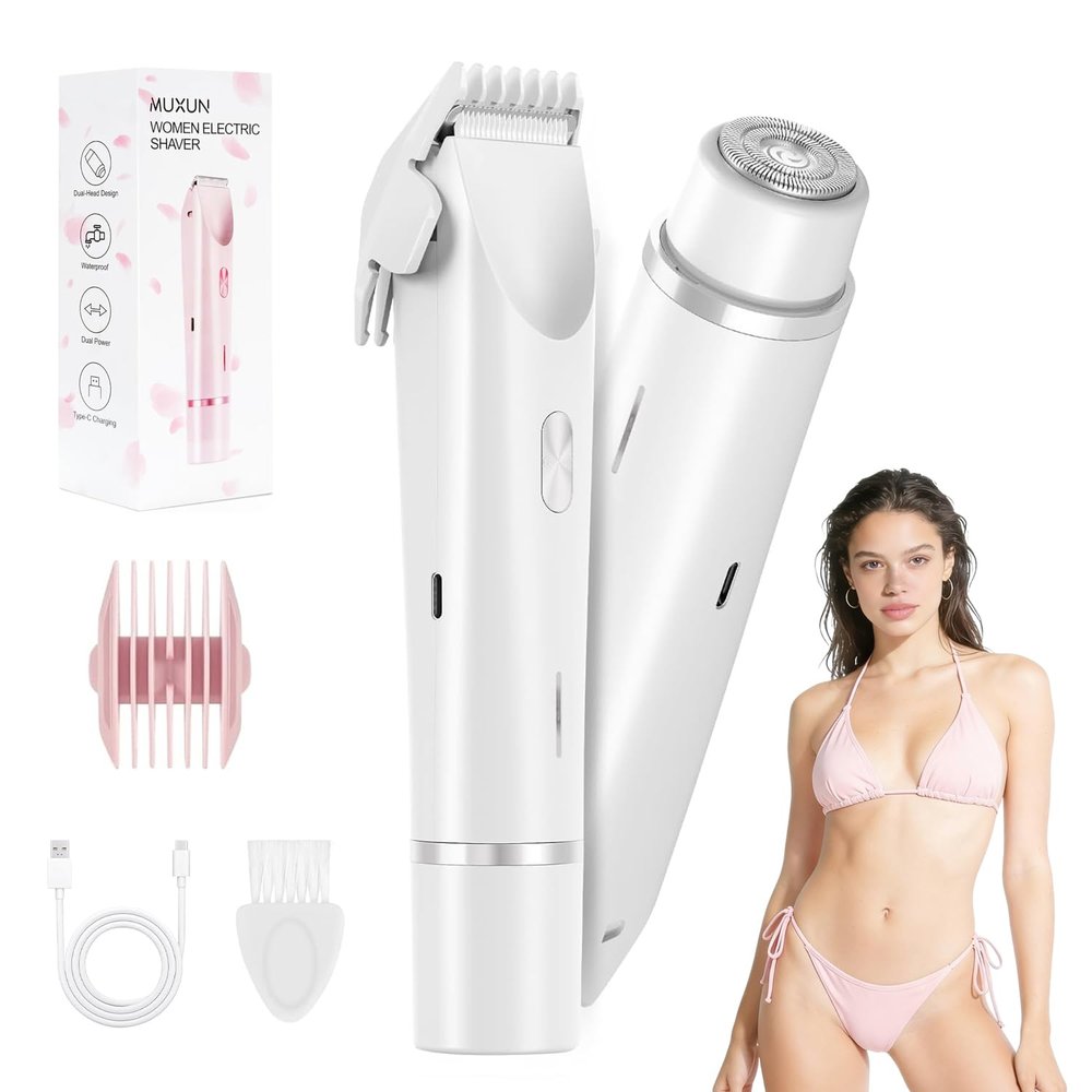 Bikini Trimmer for Women-2 in 1 Dual Head Electric Razors,USB Rechargeable Bikini Electric Shaver,IPX7 Waterproof Dry & Wet Use Body Hair Trimmer and Facial Hair Remover for Underarm Leg Body,White