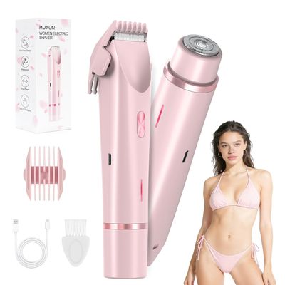Bikini Trimmer for Women-2 in 1 Dual Head Electric Razors,USB Rechargeable Bikini Electric Shaver,IPX7 Waterproof Dry & Wet Use Body Hair Trimmer and Facial Hair Remover for Underarm Leg Body,Pink