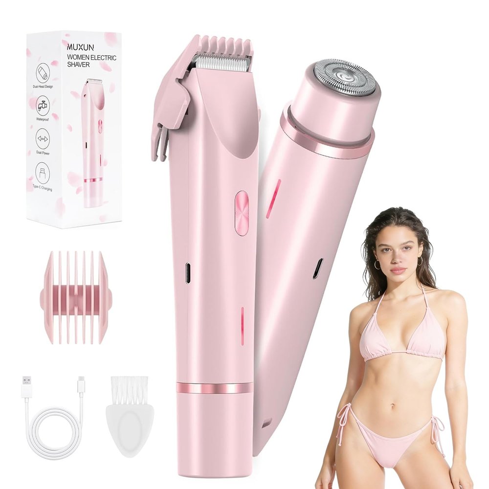 Bikini Trimmer for Women-2 in 1 Dual Head Electric Razors,USB Rechargeable Bikini Electric Shaver,IPX7 Waterproof Dry & Wet Use Body Hair Trimmer and Facial Hair Remover for Underarm Leg Body,Pink