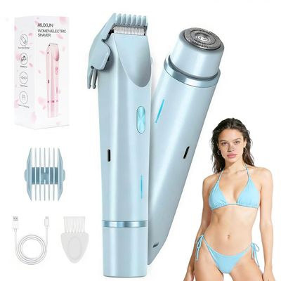 Bikini Trimmer for Women-2 in 1 Dual Head Electric Razors,USB Rechargeable Bikini Electric Shaver,IPX7 Waterproof Dry & Wet Use Body Hair Trimmer and Facial Hair Remover for Underarm Leg Body,Blue