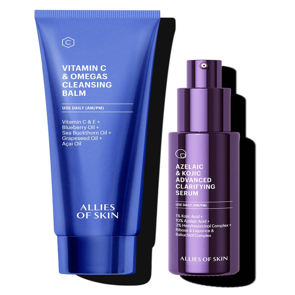 Allies of Skin Vitamin C & Omegas Cleansing Balm & Clarifying Face Serum | Daily Duo for Makeup Removal & Clearer, Even-Toned Skin (3.4 oz / 1 oz)