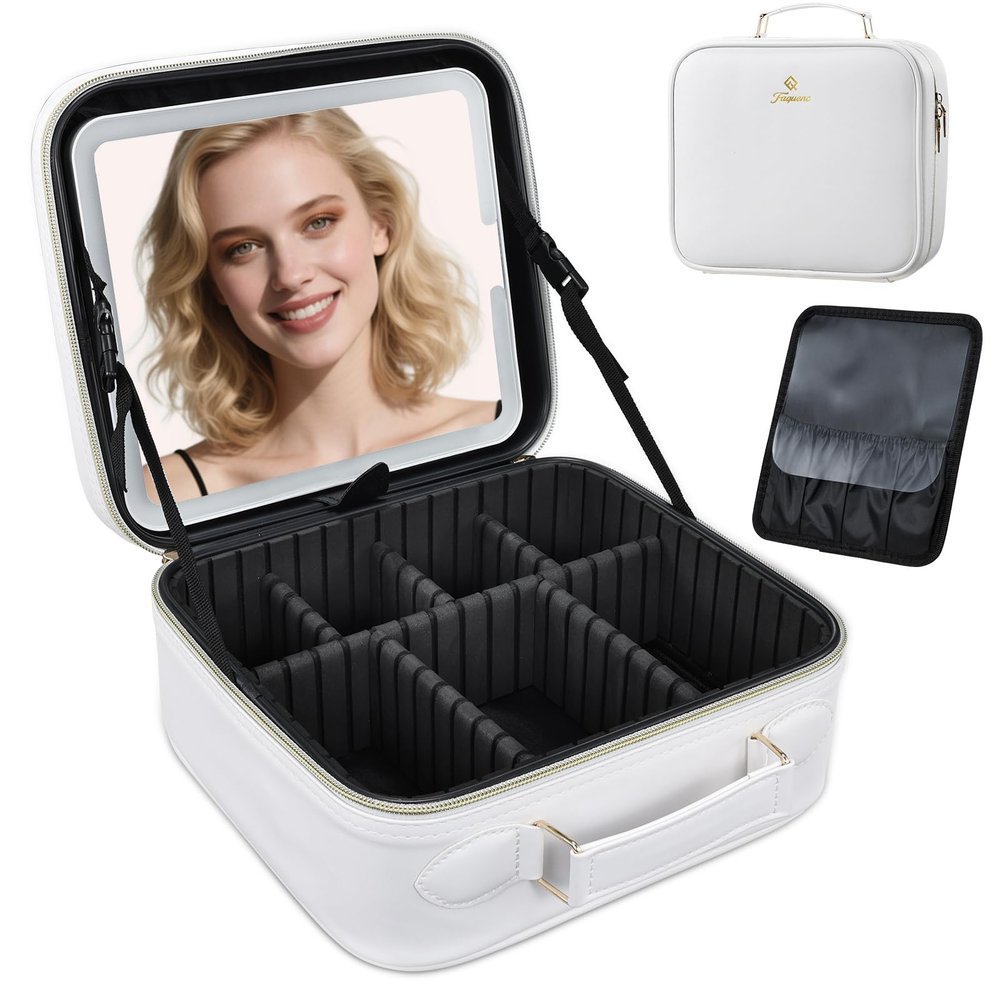Faquenc Travel Makeup Bag with LED Mirror 3 Color Modes,10.2-in White Vegan Leather Makeup Organizer Bag with Adjustable EVA Dividers and Independent Brush Panel