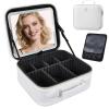 Faquenc Travel Makeup Bag with LED Mirror 3 Color Modes,10.2-in White Vegan Leather Makeup Organizer Bag with Adjustable EVA Dividers and Independent Brush Panel view 1
