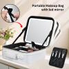 Faquenc Travel Makeup Bag with LED Mirror 3 Color Modes,10.2-in White Vegan Leather Makeup Organizer Bag with Adjustable EVA Dividers and Independent Brush Panel view 2