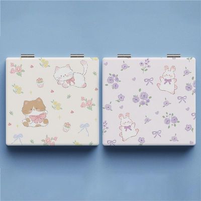 2 Pcs Compact Mini Mirror, Cute Cat and Rabbit Double-Sided Patterns Makeup Mirrors, Travel Cosmetic Mirrors for Pocket Purse Wallet Handbag, Portable Small 2X Magnifying Handheld Beauty Mirror