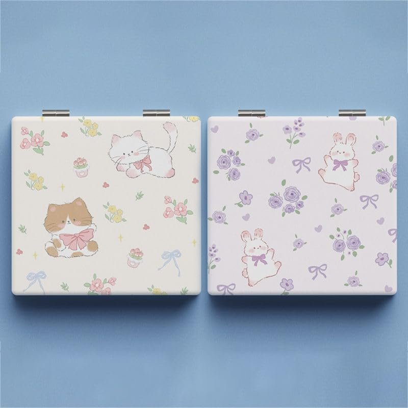 2 Pcs Compact Mini Mirror, Cute Cat and Rabbit Double-Sided Patterns Makeup Mirrors, Travel Cosmetic Mirrors for Pocket Purse Wallet Handbag, Portable Small 2X Magnifying Handheld Beauty Mirror