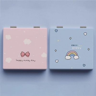 2Pcs Cute Compact Mirrors, 2.6x2.8in 1x/2x Magnification, Mini Pocket TravelMirror, Small Mirror for Handbag Purse Makeup Tools for Women&Girls (Pink & Blue withClouds,Bow & Rainbow Designs)
