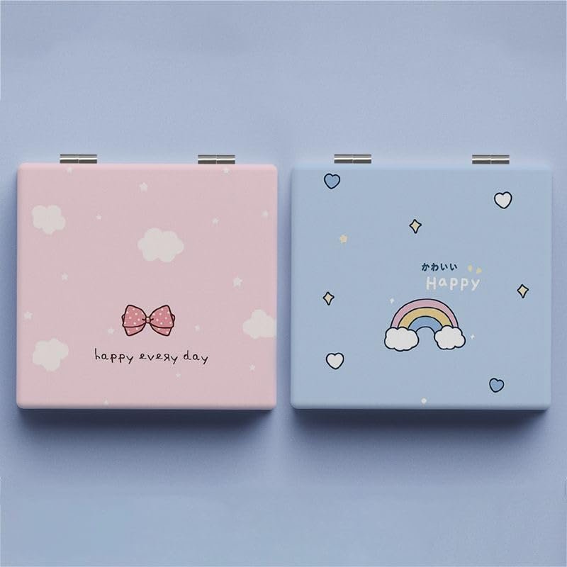 2Pcs Cute Compact Mirrors, 2.6x2.8in 1x/2x Magnification, Mini Pocket TravelMirror, Small Mirror for Handbag Purse Makeup Tools for Women&Girls (Pink & Blue withClouds,Bow & Rainbow Designs)