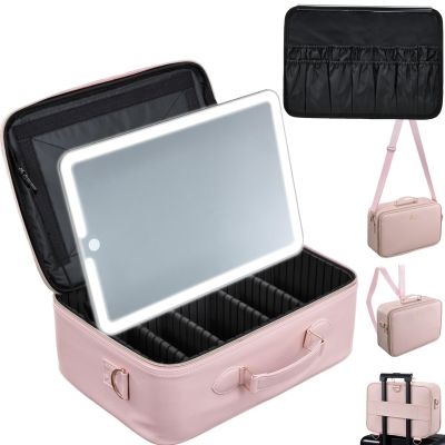 Faquenc Large Makeup Bag with LED Mirror,Travel Cosmetic Train Case for Makeup Artists,Makeup Organizer Case with Divider Rechargeable Vanity Mirror with 3 Color Lights for Barber,MUA,Nail Tech, Pink