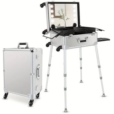 24 Inch Large Capacity Aluminum Alloy Trolley Cosmetic Case with Lamp and Mirror, Professional Follow-up Artist, Makeup Artist Toolbox