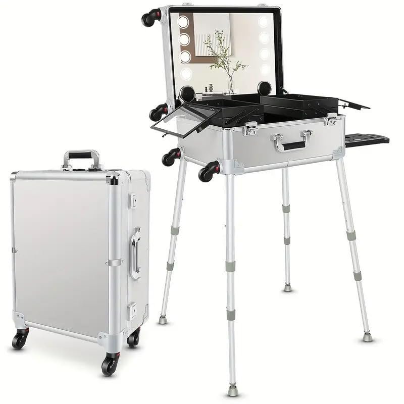 24 Inch Large Capacity Aluminum Alloy Trolley Cosmetic Case with Lamp and Mirror, Professional Follow-up Artist, Makeup Artist Toolbox
