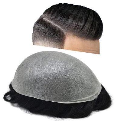 Super Thin Skin Mens Toupee 0.03mm Ultra Thin Skin Hair System For Men Human Hair Black Brown Blonde Gray V-looped Hairpiece 6''x8''80% Light Density,#1B Natural Black