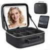 Faquenc Travel Makeup Bag with LED Mirror 3 Color Modes,10.2-in Black Vegan Leather Makeup Organizer Bag with Adjustable EVA Dividers and Independent Brush Panel view 1