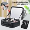 Faquenc Travel Makeup Bag with LED Mirror 3 Color Modes,10.2-in Black Vegan Leather Makeup Organizer Bag with Adjustable EVA Dividers and Independent Brush Panel view 2