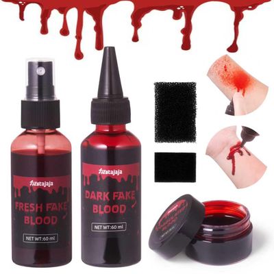 Halloween Fake Blood Makeup Kit for Zombie Vampire Costume, Fiestajaja 4PCS Special Effects SFX Makeup Set with 2.03oz Fake Blood Spray+2.03oz Dripping Blood+1.01oz Coagulated Blood+Stipple Sponge