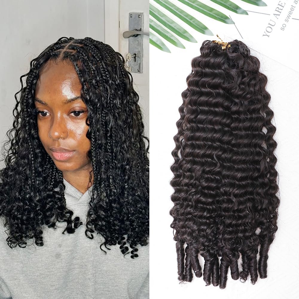 RHEANNA Feather Crochet Human Hair With Tight Curly Ends Invisible Knots Deep Curly Crochet Human Hair Extensions Knotless Pre-Separated 18inch 60g