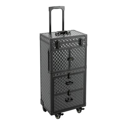 4 in 1 Rolling Makeup Train Case, Large Cosmetic Organizer Train Case Makeup Travel Case Salon Cart w/Aluminum Frame & Folding Trays for Professional Make-Up Artists & Hairstylists