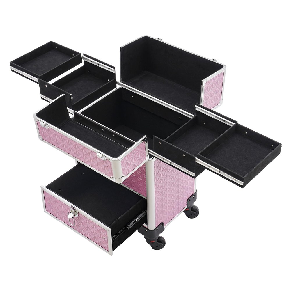 Rolling Nail Case Wheeled Manicure Storage Case, Professional Cosmetology Case, Large Cosmetic Trolley Travelling Cart Trunk with Locks and Drawers, Makeup Case with 4 Universal Wheels (Pink)