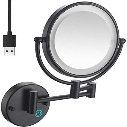 8" Wall Mounted with Lights LED 1X/5X Magnification Makeup Vanity Mirror Double Sided,Touch Button Adjustable Light,Shaving Makeup in Bedroom Bathroom USB Recharge (Black)