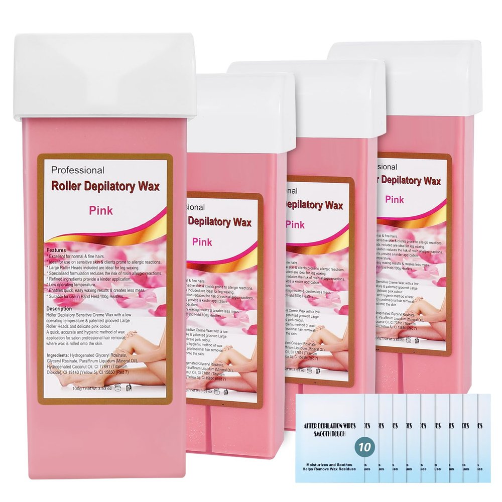 Roll on Wax Refill: 4 Rose Wax Roller Refill with 10 wipe - Hair Removal Cartridge for Body Legs Arms (100g/3.53oz, 4 Pack)