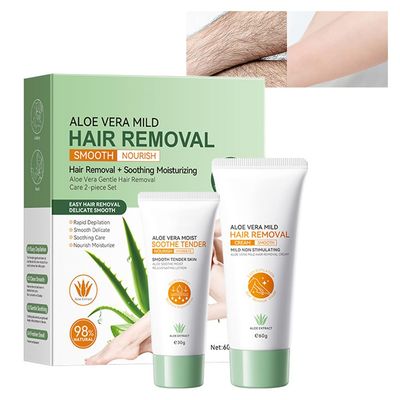 Hair Removal Cream for Women & Men - Painless Depilatory Lotion for Bikini, Legs, Arms, Underarms & Body - Sensitive Formula for All Skin Types - No Cuts Risk - 2PCS (Hair Removal + Soothing)