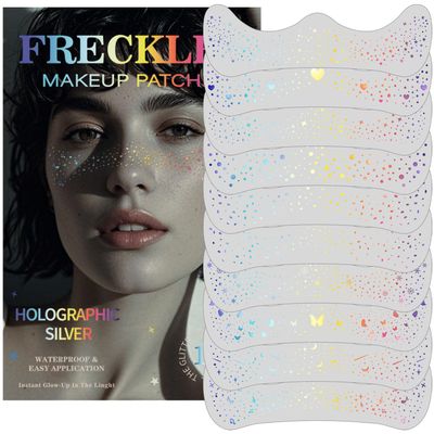 10 pcs Holographic Multichrome Glitter Freckles Face Tattoo, Waterproof Sparkle Face Glitter Speckles Patches for Women, Glitter Temporary Tattoo for Rave (10PCSA Holographic Multicolor)