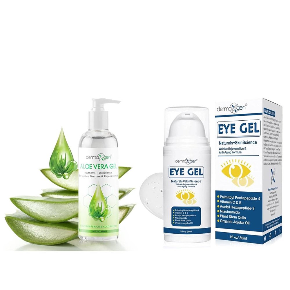 DERMAXGEN Aloe Vera Gel with Vitamins C & E (16 FL OZ) + Peptide Eye Gel with Plant Stem Cells & Matrixyl 3000  Hydrating Face & Eye Care Set for Smoother-Looking, Refreshed Skin  All Skin Types